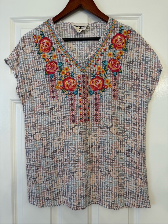 Savanna Jane Tops - Savanna Jane Embroidered Floral Boho Tunic Top Medium V-Neck